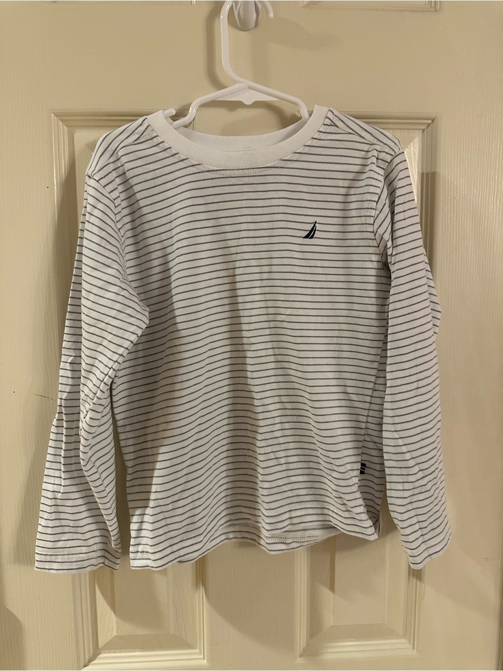 Nautica White Long-Sleeve Tee with Navy Pinstripes
